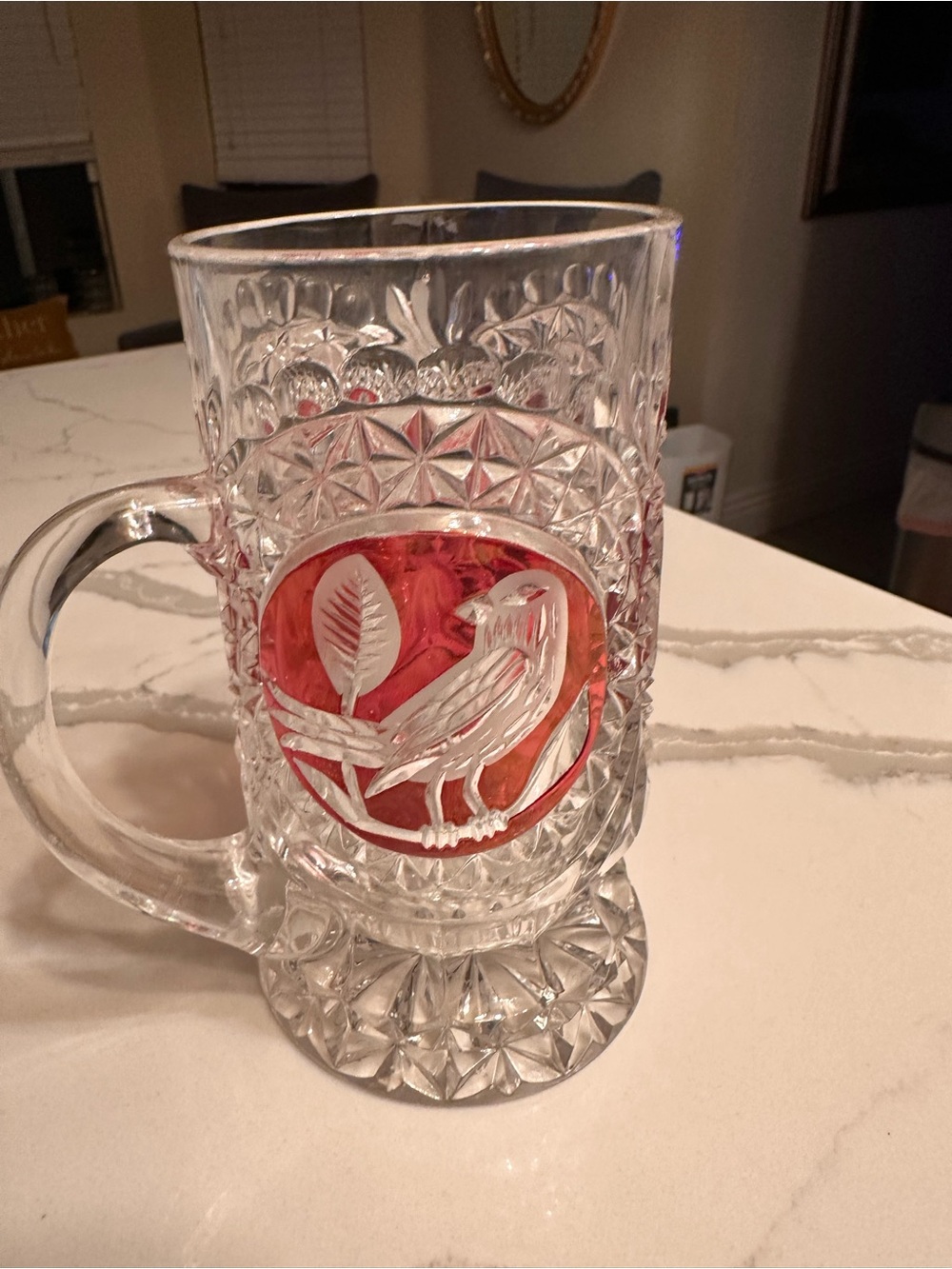 Cut Crystal Glass Beer Stein with Red Bird Medallion